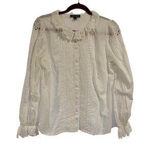 J. Crew‎ Eyelet-Trim Ruffle Button Up White Shirt Size M